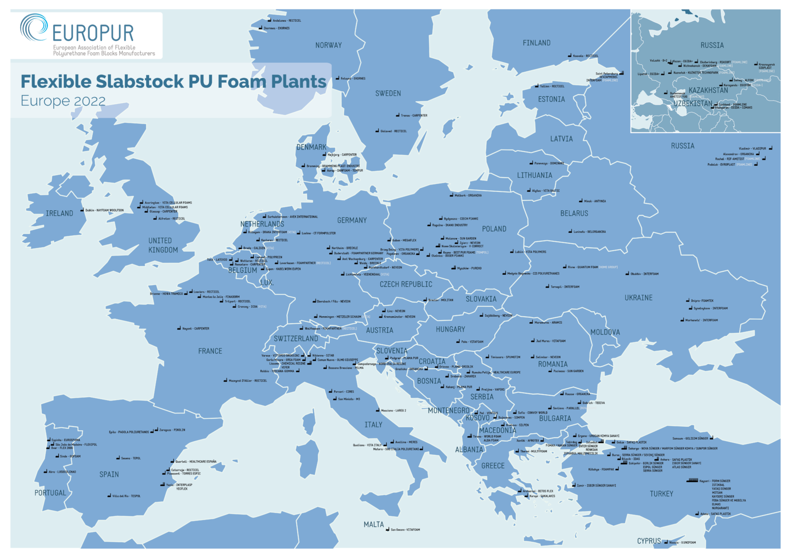 Map of Flexible Slabstock PU Foam Plants - Europe 2022
